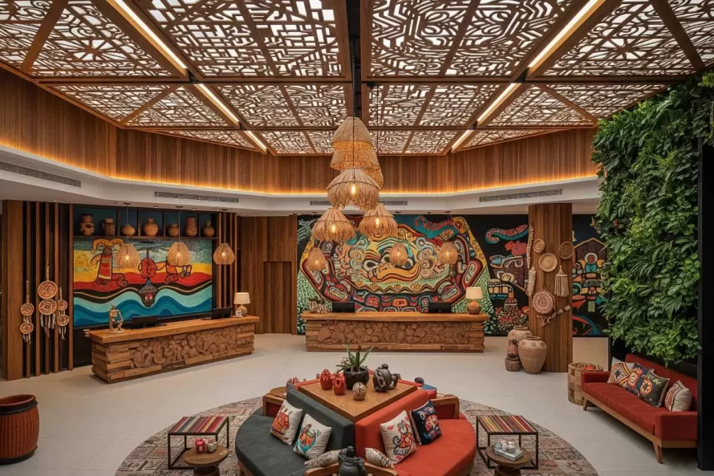 A lifestyle hotel lobby with an artistic geometric ceiling, colorful murals, a vertical garden wall, a carved wooden reception desk, and round sofas with patterned cushions arranged in a warm and inviting modern-traditional design.