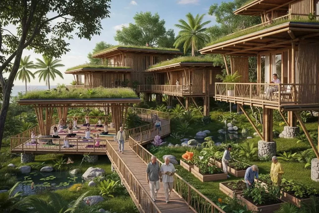 A tranquil senior living community in a lush tropical environment with bamboo buildings, green roofs, ponds, landscaped gardens, and walking paths, where elderly residents are practicing yoga, gardening, and strolling, showcasing an eco-tourism senior community model in the Philippines.