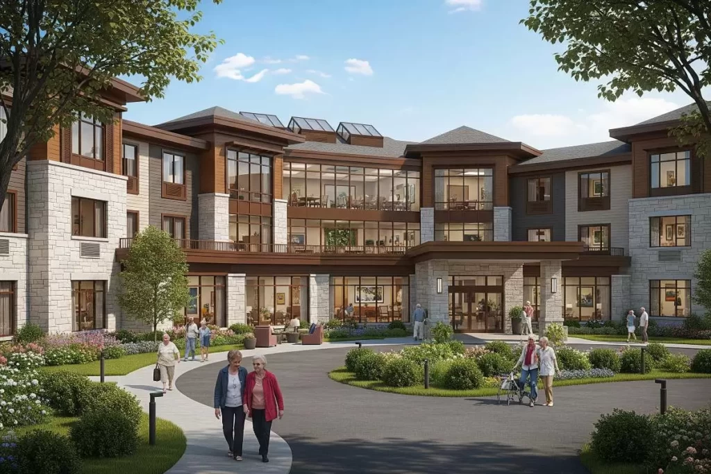 A modern assisted living facility exterior with stone and siding finishes, large windows, landscaped gardens, and elderly residents walking along tree-lined pathways, showing a comfortable and welcoming environment for senior citizens.
