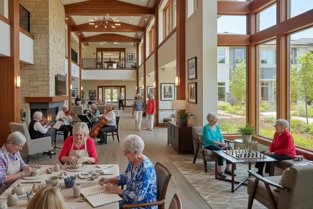 A spacious assisted living facility common area with high ceilings, large windows, and a fireplace, where elderly residents are playing musical instruments, making pottery, playing chess, and walking around in a bright and engaging environment.