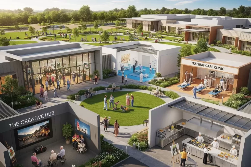 An aerial view of a modern senior living community featuring landscaped walking paths, outdoor seating areas, a Creative Hub for art and music, a Nursing Care Clinic, a fitness center, and a dining facility, designed to promote a vibrant and engaging lifestyle for elderly residents.