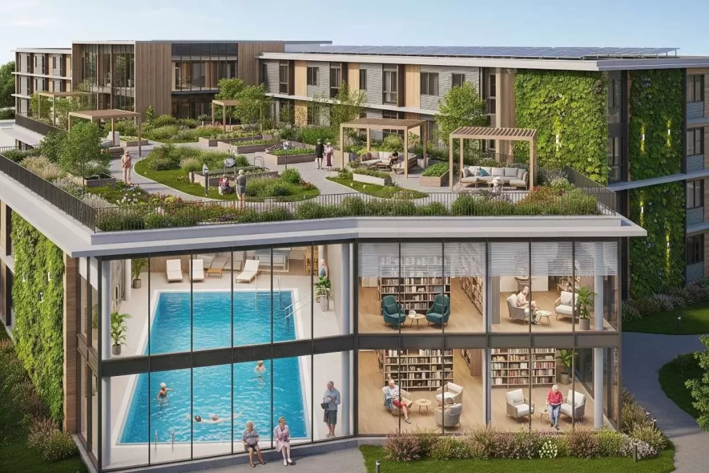 A modern senior lifestyle residence featuring a rooftop garden with walking paths and seating areas, a swimming pool, a library, green walls, and solar panels, with elderly residents enjoying the sustainable and wellness-focused amenities in an eco-friendly environment.