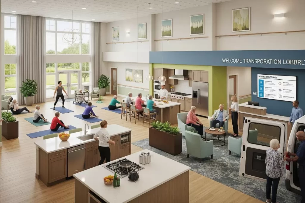 A spacious senior living community common area with elderly residents practicing yoga, cooking with a chef, and relaxing in a lounge, with a Welcome Transportation Lobby visible, designed to provide integrated services that promote an active and social lifestyle.