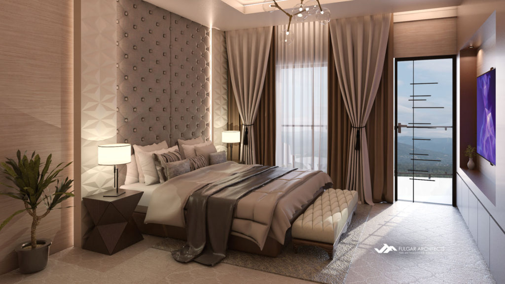 Proposed interior design theme for the room suites with a view of the mountain.