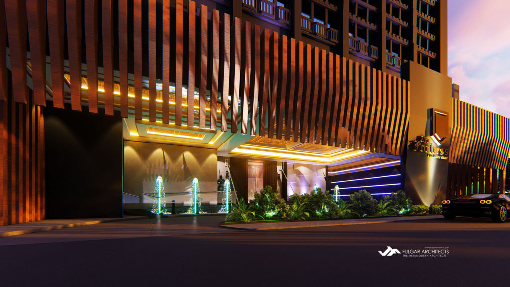 Entrance canopy of the hotel design with fountains and pseudo moat.