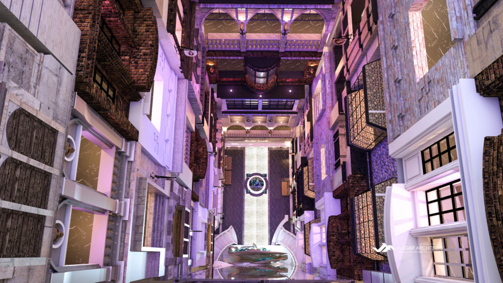 A vertical medieval town square inside the hotel's open atrium as an attraction.