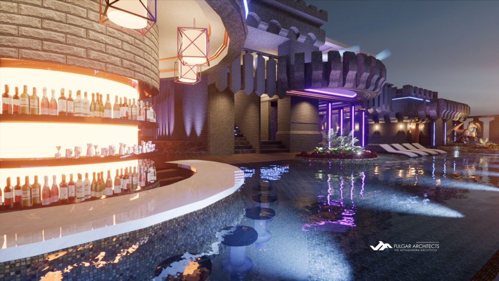 The hotel design includes a wet bar and swimming pool at roof deck.
