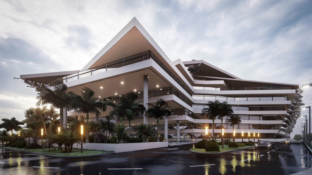 Eight story modern office building designed with tropical conditions in mind.