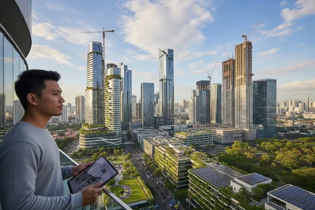 National Building Code Of The Philippines – Its History, Current State, and Future 2 A man stands on a balcony holding a tablet while observing a cityscape with modern skyscrapers, some under construction, alongside low-rise buildings with green roofs and solar panels, with visible integration of green spaces in the urban landscape under a partly cloudy daytime sky, symbolizing sustainable development guided by the national building code of the philippines.