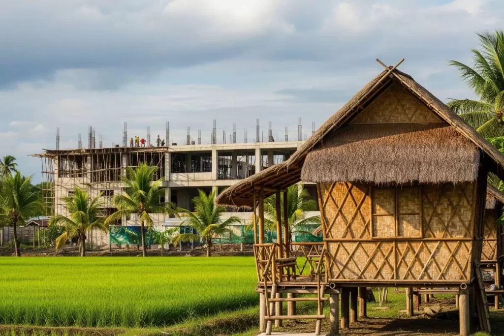 National Building Code Of The Philippines – Its History, Current State, and Future 3 A traditional bamboo hut with a thatched roof stands in the foreground beside a lush green rice field, with palm trees scattered across the scene and a multi-story building under construction rising in the distance under a partly cloudy sky, illustrating the coexistence of indigenous dwellings and urban development in the context of the national building code of the philippines.