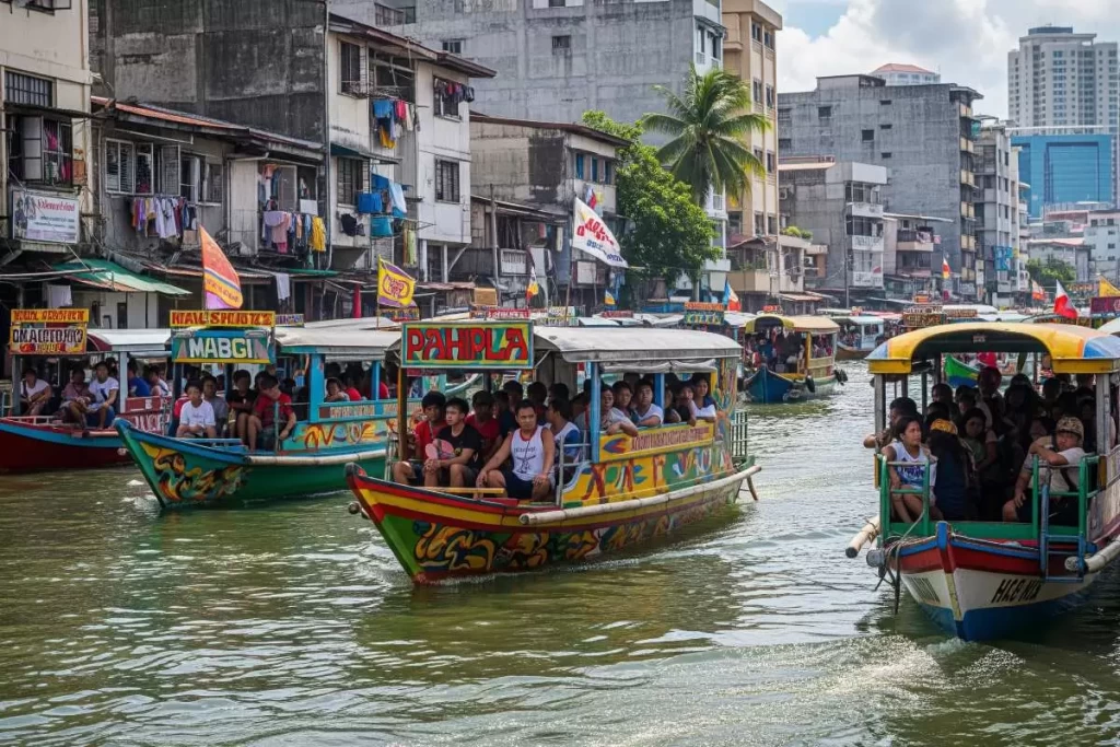 A busy Philippine waterway in an urban setting with several colorful passenger boats known as water jeepneys carrying people along the canal, surrounded by a mix of old and modern buildings with laundry hanging from windows, illustrating the concept of alternative urban transport.