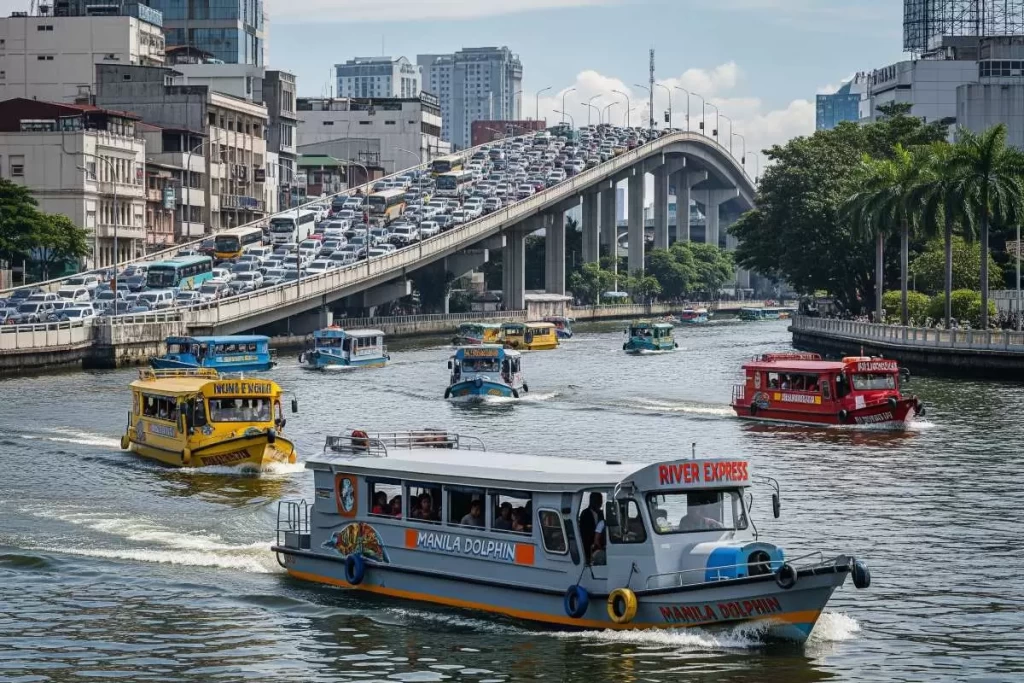 An urban river scene in Manila with several passenger boats, including one labeled “River Express – Manila Dolphin,” moving along the waterway beneath a congested bridge filled with traffic, with buildings and palm trees lining the riverbanks, illustrating the concept of water jeepneys as alternative transport in the Philippines.