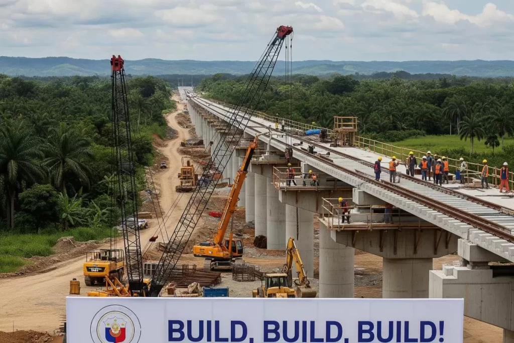 A wide-angle image of a large-scale Philippine Build, Build, Build project site with cranes, elevated rail structures, and ongoing construction of bridges and expressways, showing how infrastructure developments reshape urban mobility and influence real estate growth.