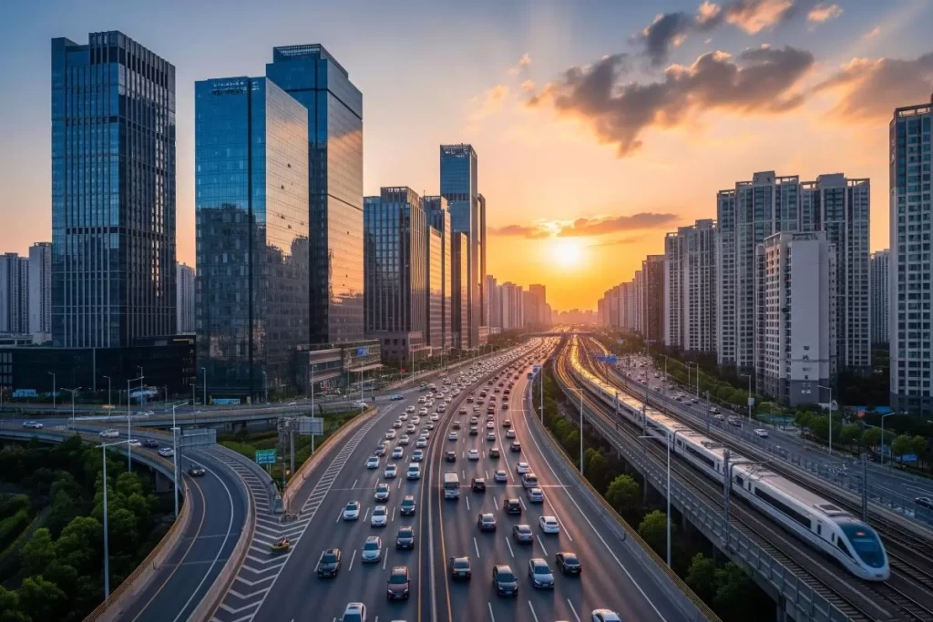 A panoramic view of a modern city skyline with illuminated buildings, heavy traffic flowing through major roads, and a high-speed rail system crossing the urban landscape, illustrating the impact of transportation infrastructure on real estate and property development in the Philippines.