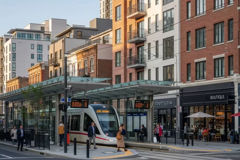 A city tram stop surrounded by mid-rise apartments and active ground-floor shops with pedestrians waiting by the platform, showcasing the role of transportation infrastructure in supporting commerce, urban mobility, and real estate development in the Philippines.