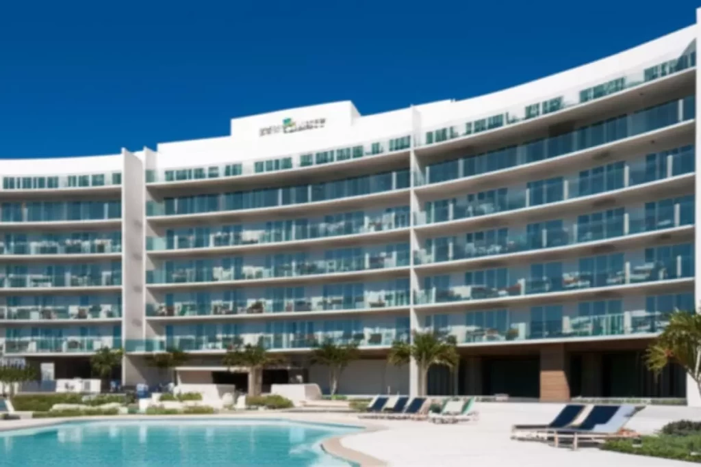 A curved beachfront resort with an expansive pool overlooks the sea, designed as a medical tourism destination that combines modern resort architecture, wellness amenities, and scenic coastal surroundings.