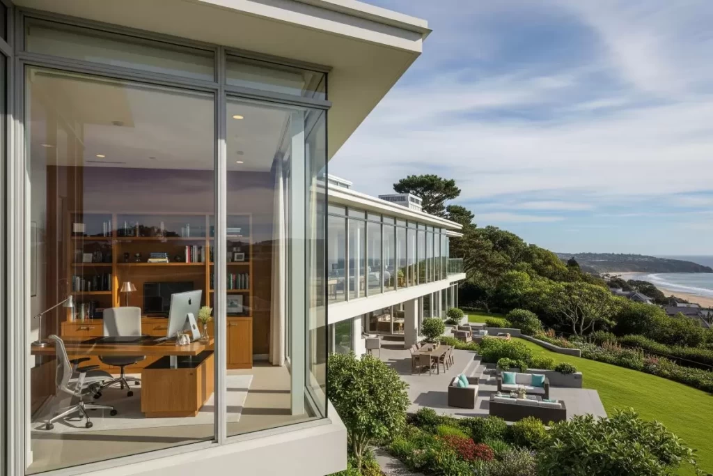 A modern luxury house with a wide ocean view and a spacious patio featuring floor-to-ceiling glass walls and landscaped surroundings, illustrating fire sales opportunities in Philippine high-end real estate