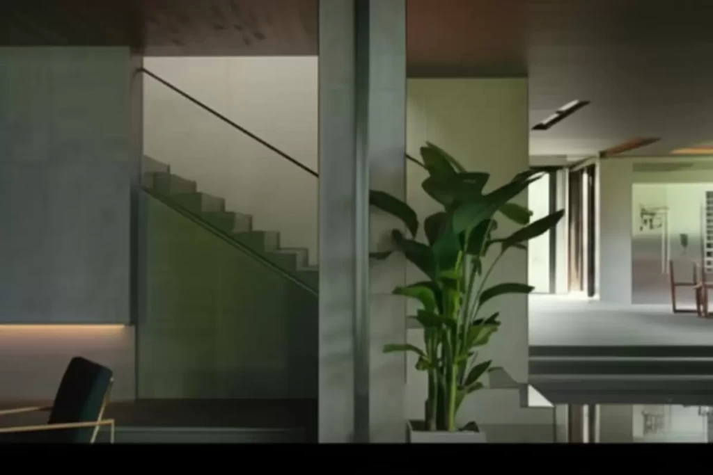 An interior view of a modern house designed by architect Namgoong featuring open-plan spaces, minimalist concrete finishes, wide glass windows, subtle floor level changes, and curated furniture that symbolize social order and hierarchy.