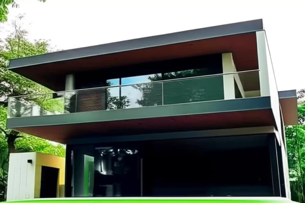 A modernist house designed by architect Namgoong with a flat roof, wide glass walls, minimalist concrete and wood finishes, open-plan interiors, landscaped garden views, and carefully staggered floor levels that highlight the philosophy of minimalism.