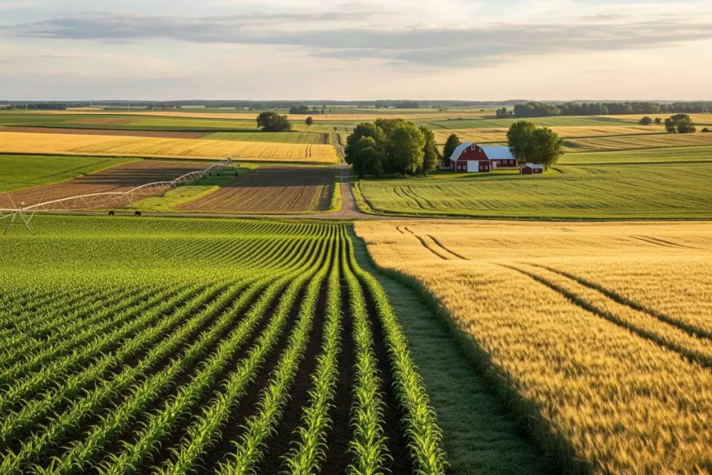 Expansive agricultural lands with neatly aligned crop rows stretch toward the horizon under a clear blue sky, where a geodetic engineer conducts a survey to certify the property’s alienable and disposable status under Republic Act 11573 in the Philippines.