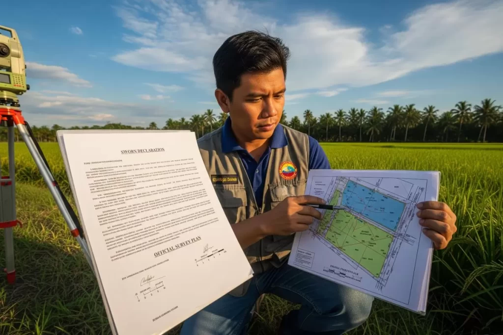 A land surveyor in a wide agricultural field measures property boundaries with professional equipment under a bright sky, illustrating the process of securing titles for agricultural lands under Republic Act 11573 in the Philippines.