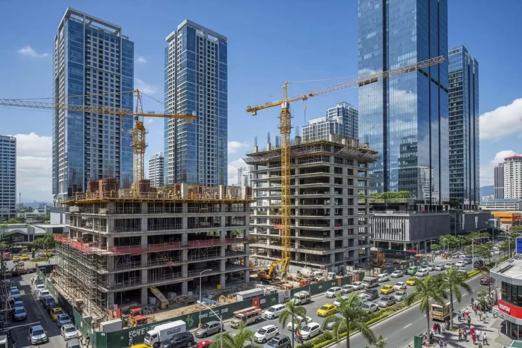 A wide-angle view of city construction in the Philippines featuring multiple high-rise buildings under development with cranes and scaffolding visible, symbolizing the economic growth and urban progress described in the Asian Development Outlook.