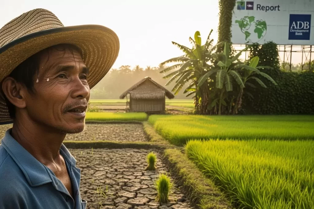 A Filipino farmer standing in a cultivated rice field with green stalks swaying under natural daylight, wearing traditional work clothing and a wide-brimmed hat, representing the agricultural focus of the Asian Development Outlook.