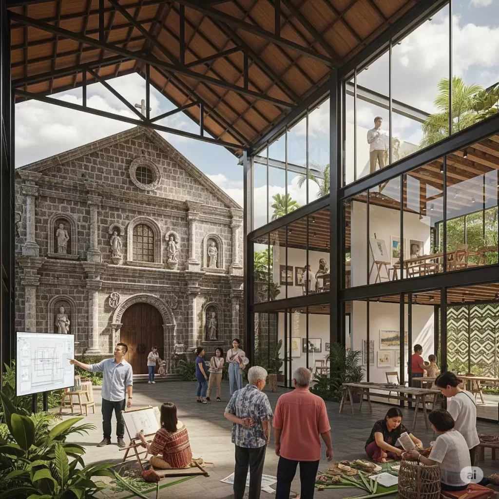 A historic church courtyard in the Philippines with preserved stone walls, arched doorways, landscaped gardens, shaded walkways, and people strolling through the space, showcasing the adaptive reuse of heritage architecture for cultural and community engagement.