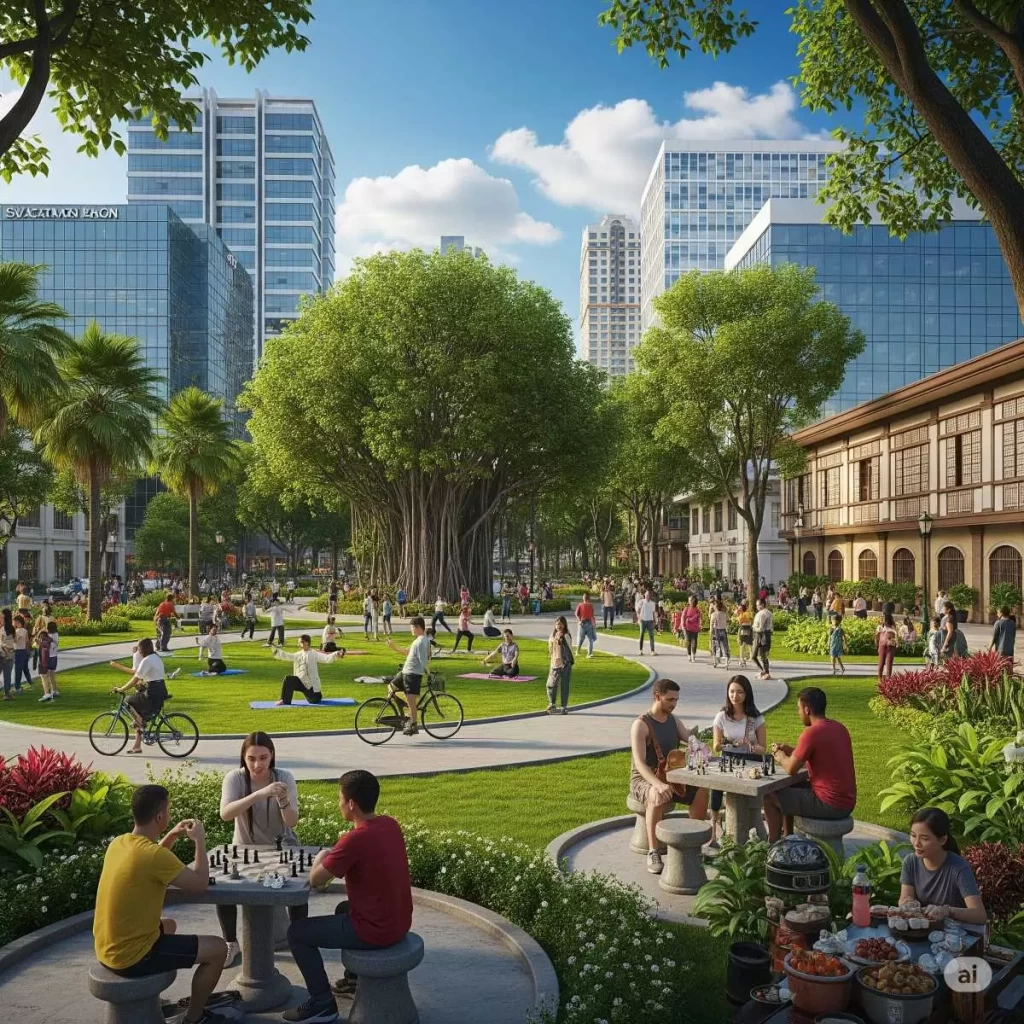 A vibrant city park in the Philippines with wide walking paths, shaded tree canopies, landscaped gardens, open grassy areas, and people engaging in recreation and relaxation, showcasing the integration of green public spaces into urban environments.