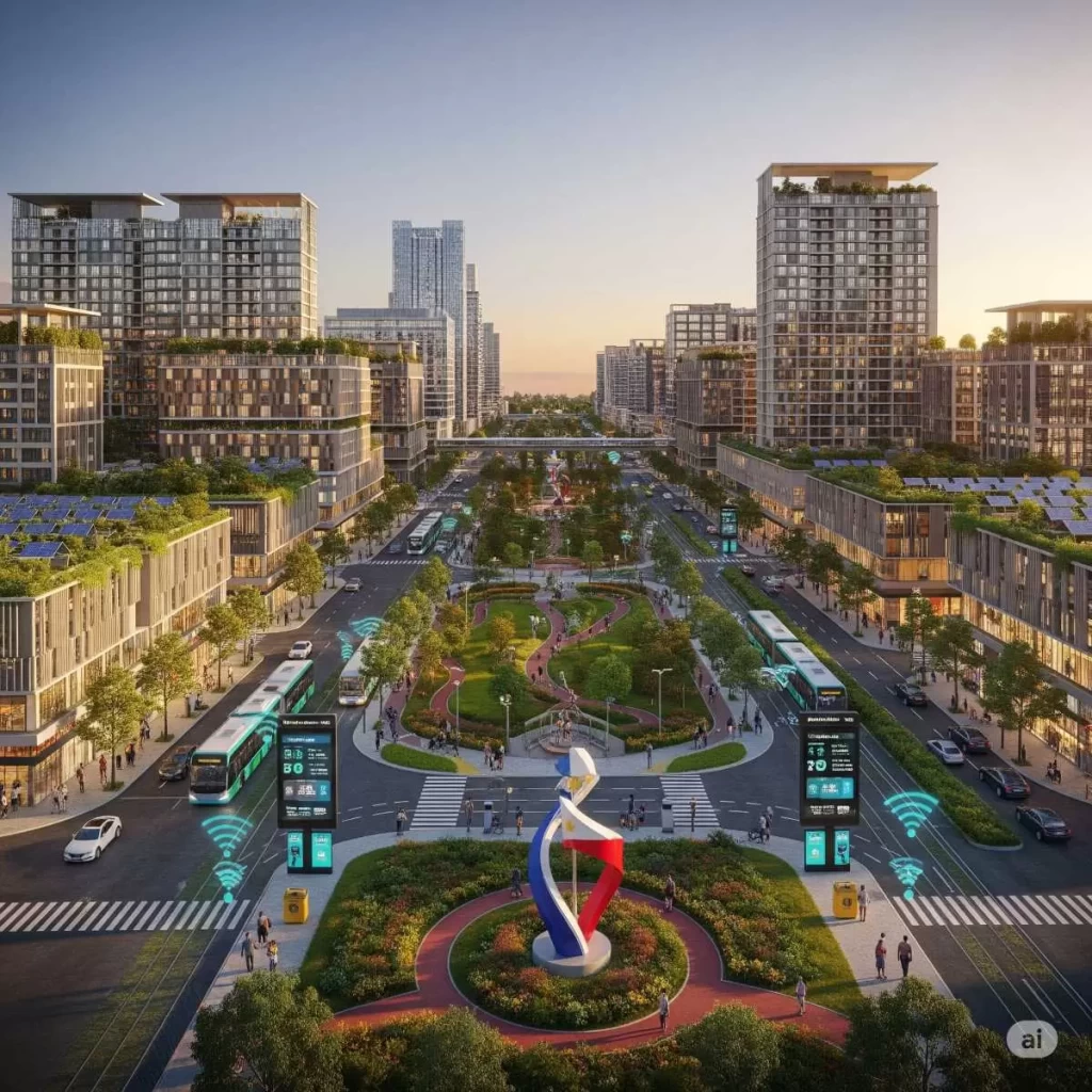 A panoramic rendering of a futuristic Philippine city with interconnected green spaces, elevated transit systems, solar-integrated skyscrapers, and waterfront developments, illustrating smart urban planning that promotes market connectedness, equality of opportunity, and sustainable use of resources.