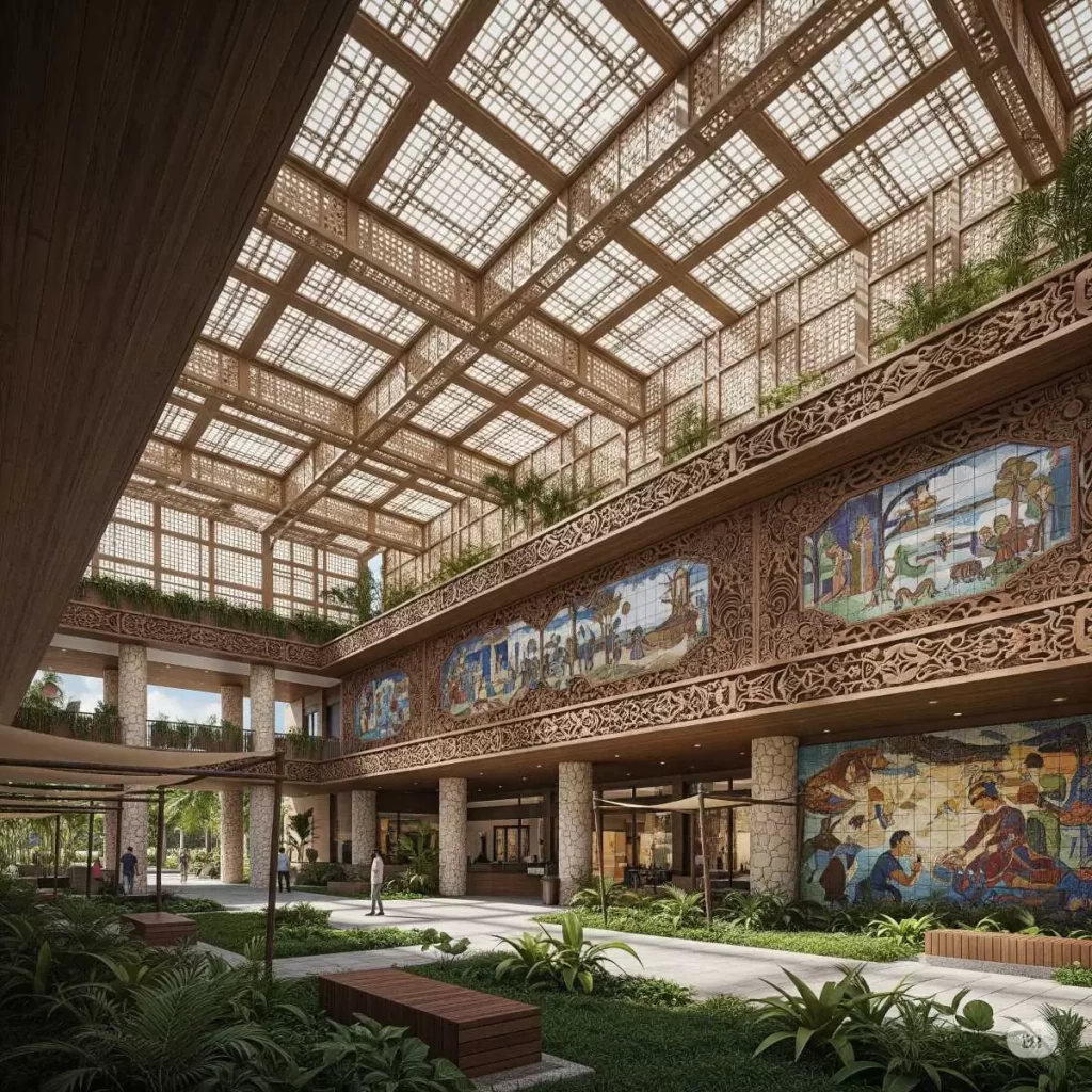 A spacious indoor atrium in the Philippines with tall glass walls, abundant natural light, open seating areas, greenery-filled planters, and people engaging in civic activities, illustrating the role of public architecture in fostering community connection.
