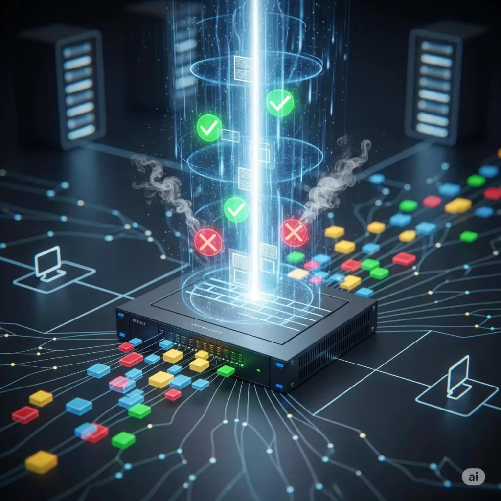 A detailed illustration of zero trust architecture showing a secure network core with sealed access points, restricted data pathways, and entry verification gates, visually representing access control that confines sensitive data within the protected environment.