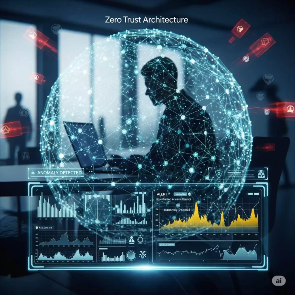 A conceptual diagram of zero trust architecture showing segmented access zones, user identity verification through certificate-based authentication, and AI-driven threat detection pathways, illustrating a security framework that prioritizes user-level protection over network boundaries.