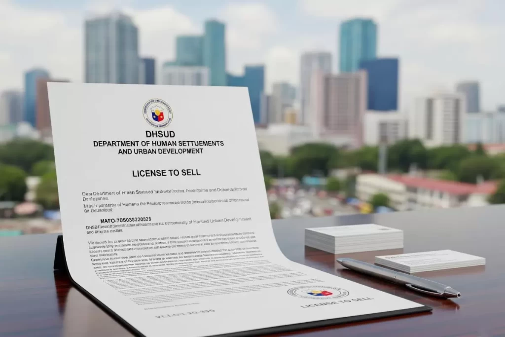 A close-up photograph of an official Philippine Department of Human Settlements and Urban Development License to Sell document displayed on a wooden desk, with visible text and official seals, representing regulatory approval for property development in compliance with the Philippine National Building Code.