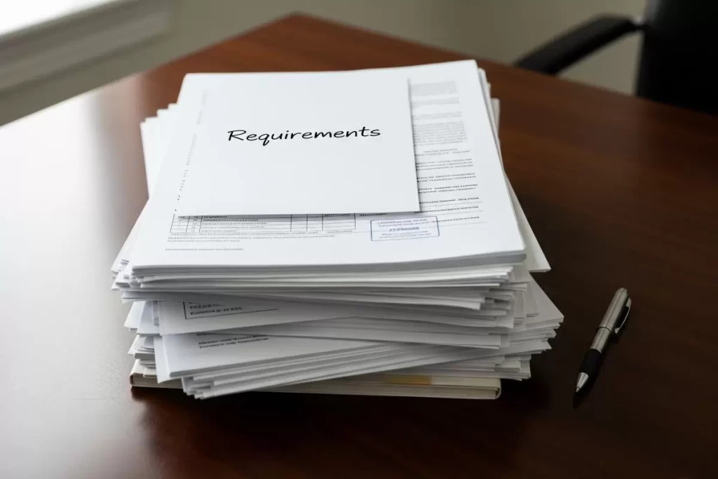 A neatly arranged stack of official Philippine real estate application documents for a condominium License to Sell, including certified true copies of land titles, building permits, environmental clearances, corporate registration papers, and architectural plans, placed on a wooden office desk under natural light.