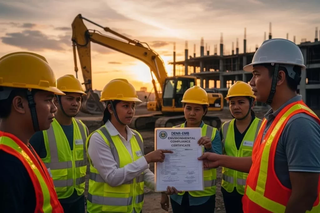 Construction workers at a building site examine an environmental compliance certificate document while surrounded by heavy machinery, illustrating the importance of DENR–EMB approval for projects in Philippine architecture and real estate.