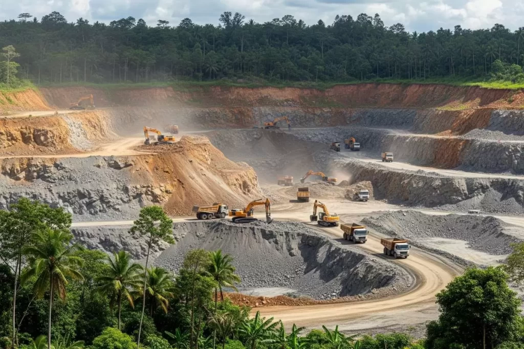 A large open-pit mine with heavy machinery and trucks operating on terraced levels of the excavation site, bordered by a dense forest, illustrating the role of an environmental compliance certificate in regulating extractive industries in the Philippines.