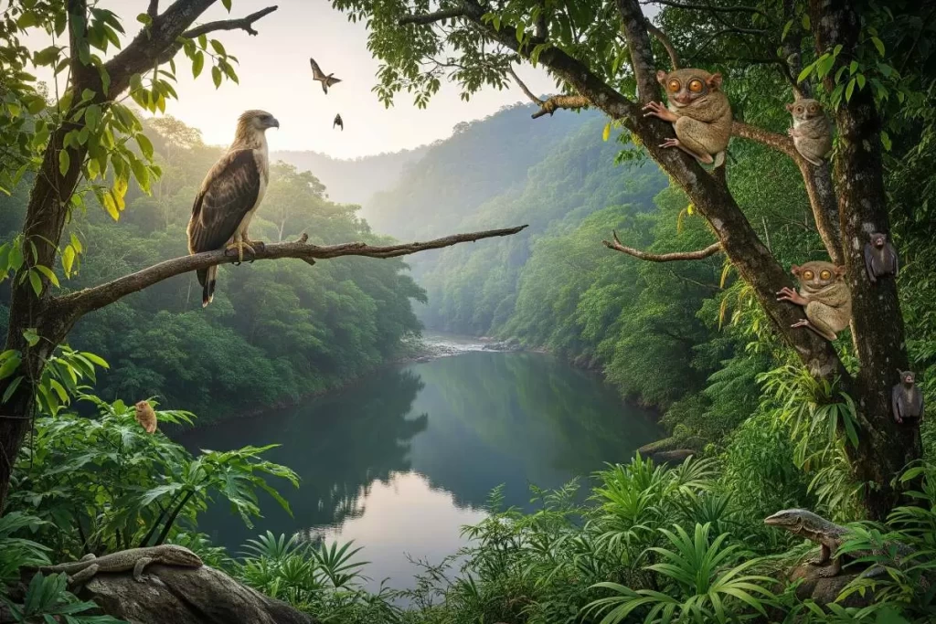 A tropical Philippine wildlife habitat with dense forest vegetation, visible bird species, and a flowing water body illustrating the importance of an environmental compliance certificate in protecting critical areas of ecological and cultural significance.