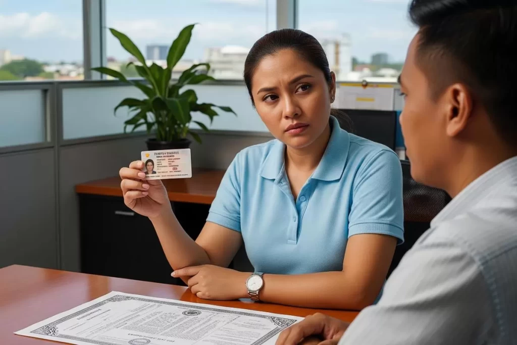 A close-up image of a person presenting a government-issued identification card beside a registered land title document on a desk, symbolizing land title verification in Philippine real estate transactions.