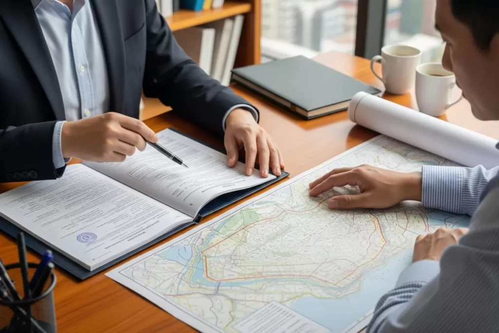 A person seated at a desk reviews a stack of official documents, including a land title and technical property map, alongside open folders and a pen, representing multi-agency land title verification in Philippine real estate transactions.