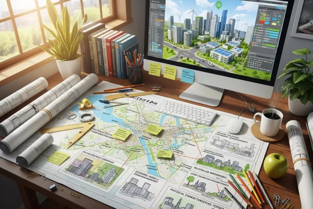 An aerial architectural rendering of a comprehensive master planning design showing interconnected buildings, landscaped public spaces, transportation routes, and zoning layouts, illustrating the strategic spatial organization and long-term development vision for a modern Philippine community.