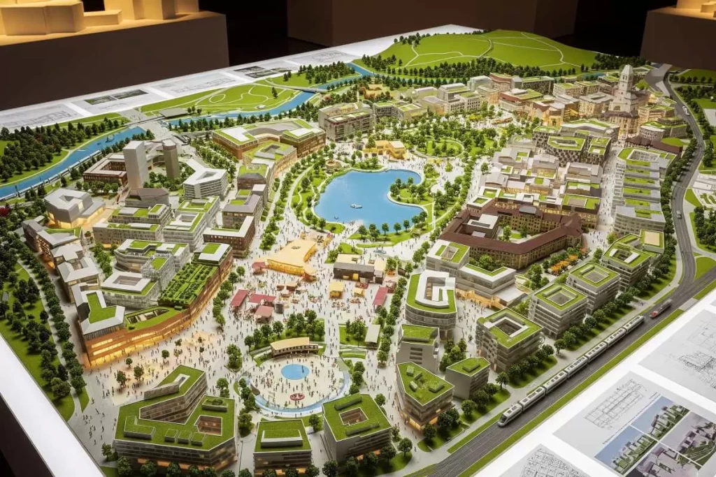 A detailed urban development plan illustrating the stages of master planning, featuring labeled zones for residential, commercial, and civic spaces, interconnected road networks, green corridors, and public plazas, designed to demonstrate the strategic relationship between site analysis, design development, and community vision in a Philippine urban context.