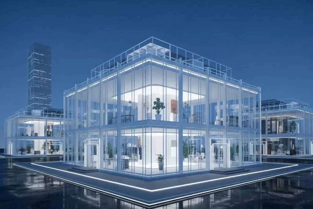 A modern glass building rendered in sleek geometric lines, bathed in luminous reflections, representing NFT architecture in the Philippine real estate context, showcasing transparent façades and bold contemporary forms in a digital conceptual environment.