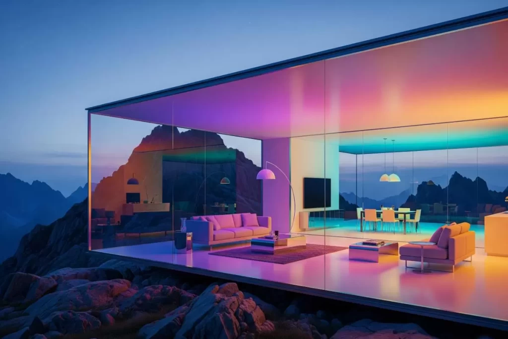 A modern glass house with clean angular lines, expansive transparent façades, and a seamless integration with its landscaped surroundings, representing the balance of artistic design and functional architecture in Philippine real estate.