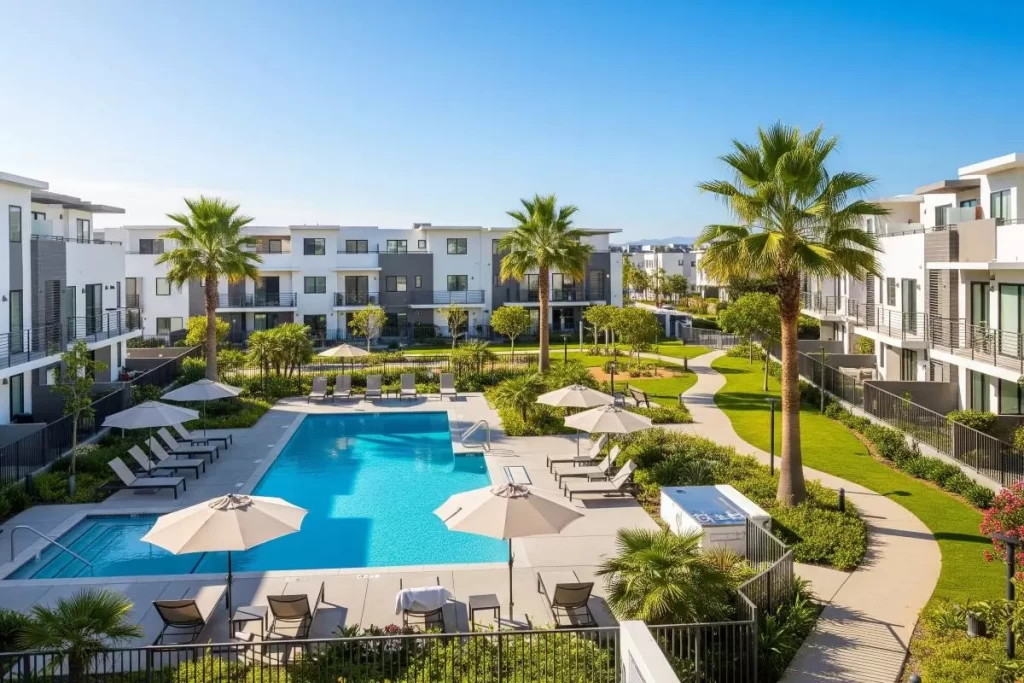 A resort-style horizontal condominium community in the Philippines featuring clusters of two-story detached homes with landscaped gardens, private garages, and shared amenities such as a swimming pool, clubhouse, and fitness facilities, illustrating the masterfully planned integration of private residences and communal spaces.