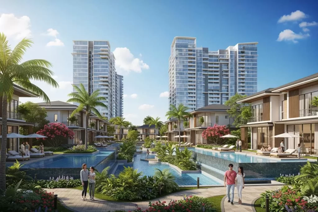 An elegant horizontal condominium development in the Philippines showcasing detached two-story homes with landscaped gardens, a resort-style swimming pool, paved walkways, and communal recreational areas, highlighting the integration of private residences with shared amenities.