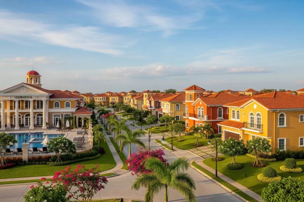 A perspective of a Camella residential community showing Mediterranean-inspired houses, landscaped gardens, tree-lined streets, and a welcoming neighborhood layout developed by Vista Land through its Brittany and Camella brands.