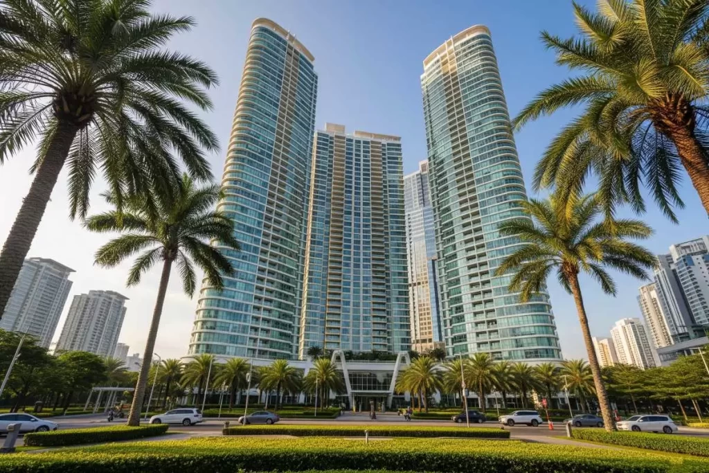 A view of the Proscenium at Rockwell in Makati City showing its cluster of modern high-rise residential towers, landscaped open spaces, and its proximity to the Power Plant Mall, representing Rockwell Land’s distinctive brand of upscale urban living.