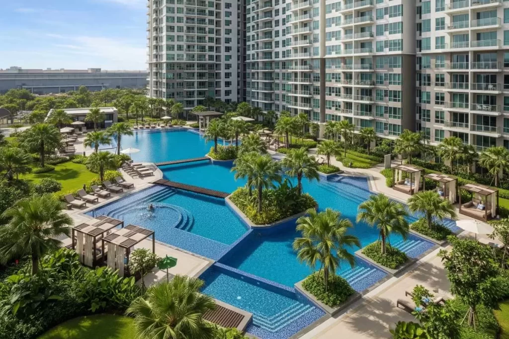 A wide-angle view of SMDC Shore Residences in Pasay City showing clusters of high-rise residential towers, landscaped swimming pool decks, and adjacent commercial spaces that illustrate SM Development Corporation’s role in the Philippine real estate market in 2022.