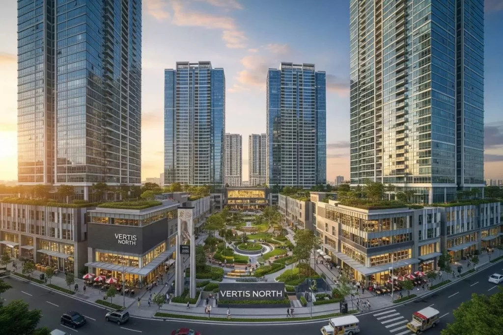 A wide view of Vertis North in Quezon City showcasing mixed-use towers, landscaped open spaces, and integrated commercial structures that highlight Ayala Land’s contribution to the Philippine real estate market in 2022.